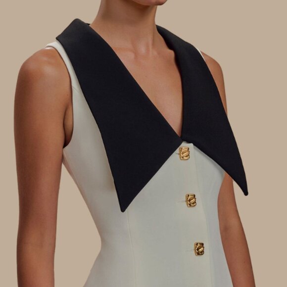 Button Front Sleeveless Mini Dress | Sheath Formal Mini Dress w/ Collar Neck - Picture 5 of 9